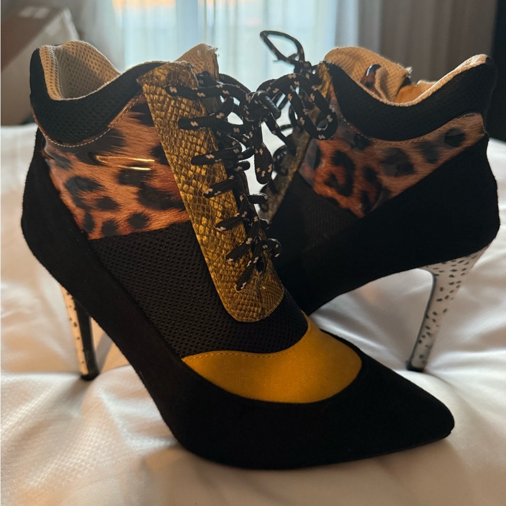 Leopard-Accent Lace-Up Stiletto Booties in Black and Mustard